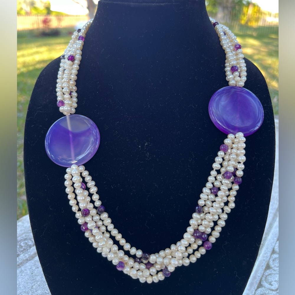 Gorg Vintage Rice Pearl Multi-Strand Statement Necklace 26” Amethyst Cabochon